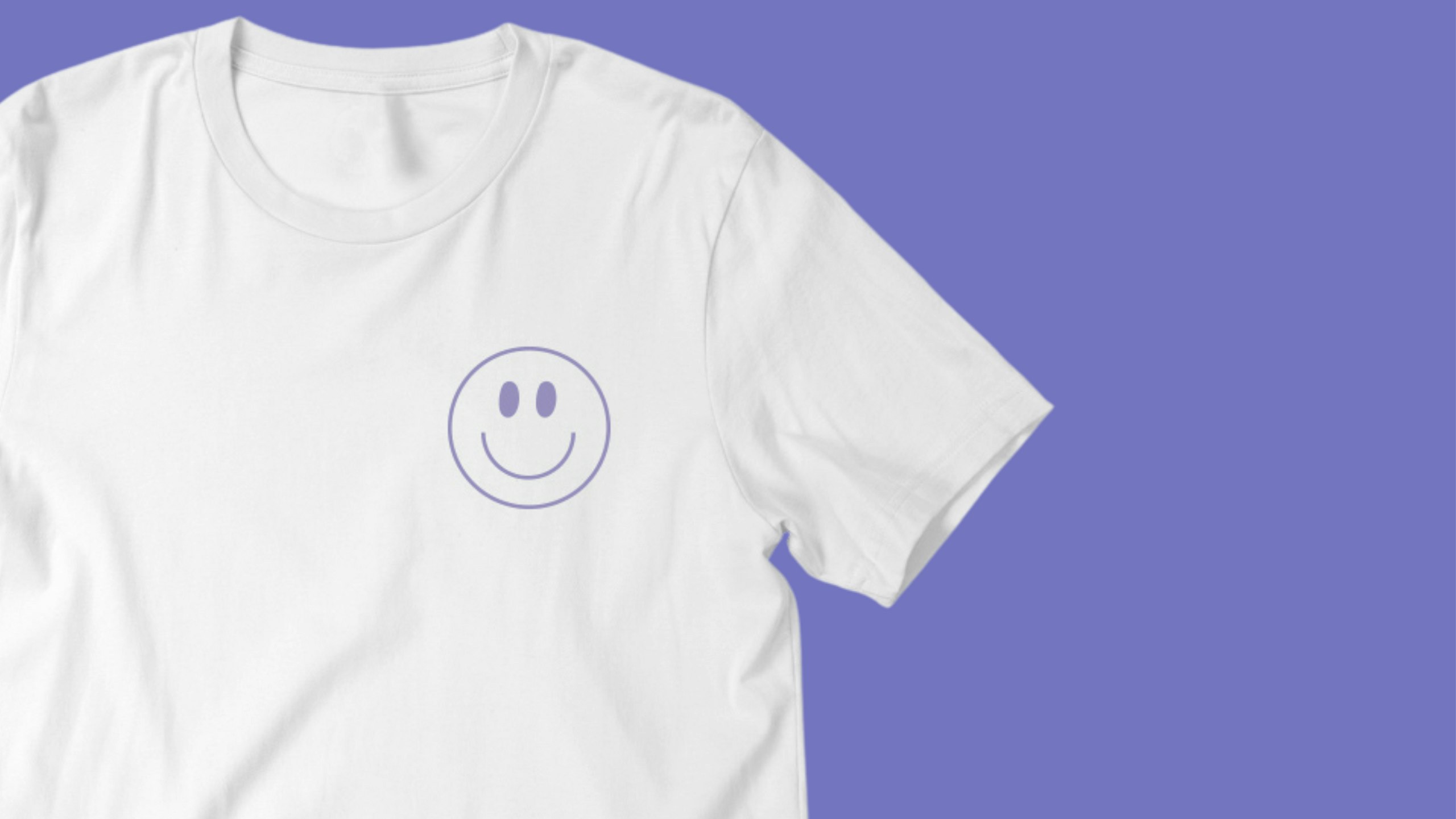 white shirt with a purple smile face on a purple background