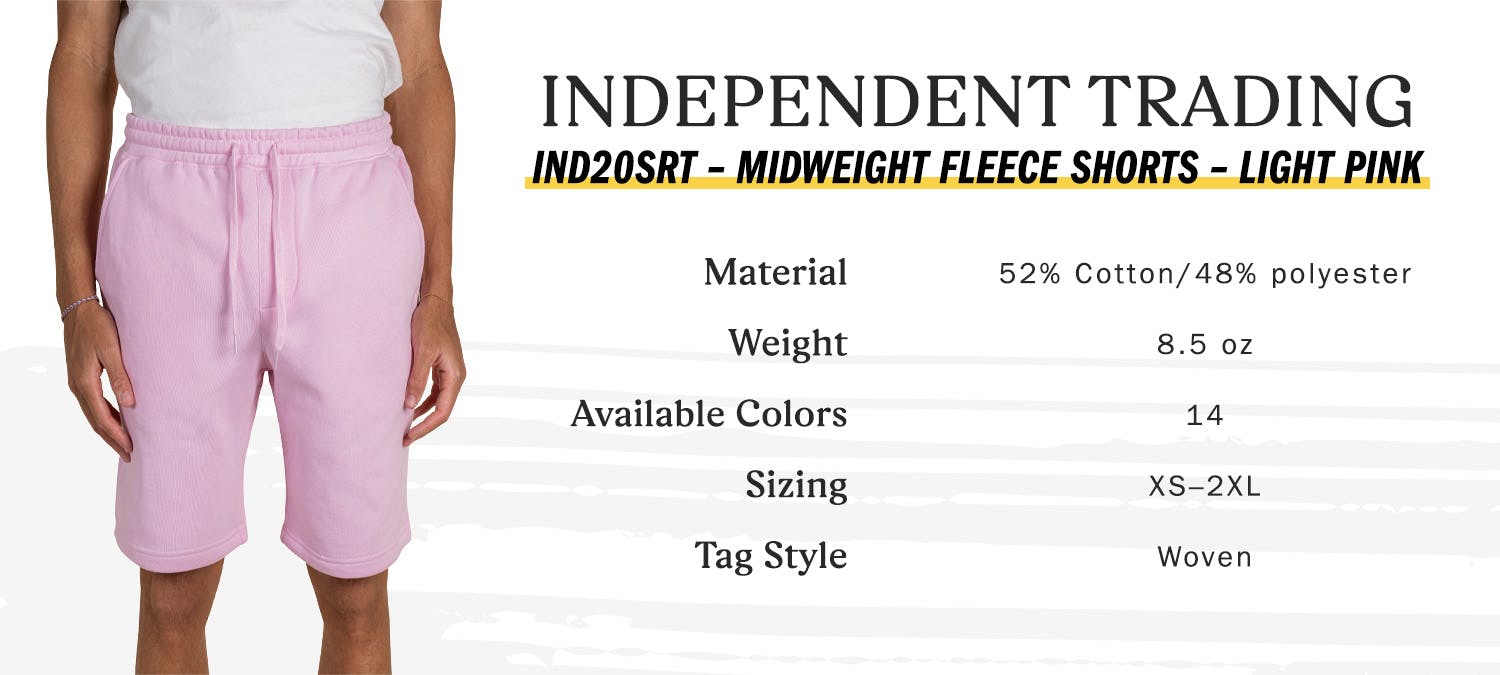 independent trading co ind20srt midweight fleece shorts, light pink, material 52 percent cotton 48 percent polyester, weight 8.5 oz, available colors 14, sizing extra small to two extra large, tag style woven