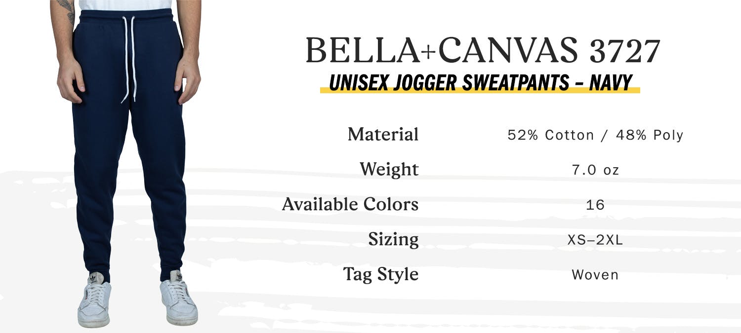 Bella + Canvas 3727 unisex jogger sweatpants, navy, material 52 percent cotton 48 percent poly, weight 7.0 oz, available colors 16, sizing extra small to two extra large, tag style woven