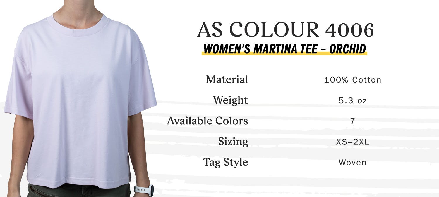 as colour 4006 women's martina tee, orchid, material 100 percent cotton, weight 5.3 oz, available colors 7, sizing extra small to two extra large, tag style woven