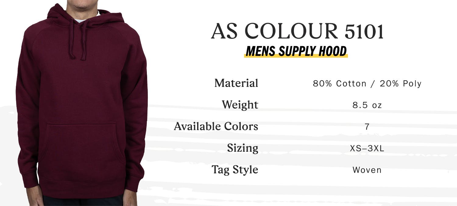 as colour 5101 mens supply hood, burgundy, material 80 percent cotton 20 percent poly, weight 8.5 oz, available colors 7, sizing extra small to three extra large, tag style woven