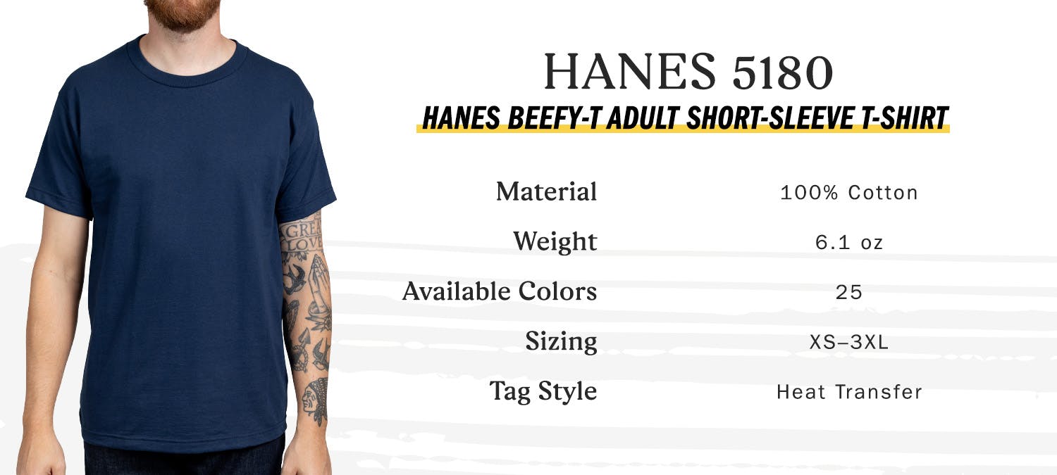 hanes 5180 hanes beefy-t adult short-sleeve t-shirt, material 100 percent cotton. weight 6.1 oz, available colors 25, sizing extra-small to three extra large, tag style heat transfer