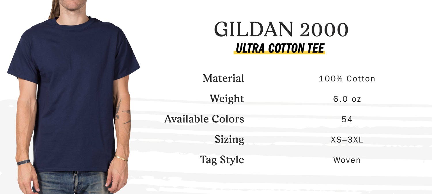 Gildan 2000 ultra cotton tee, material 100 percent cotton, weight 6.0 oz, available colors 54, sizing extra small to three extra large, tag style woven