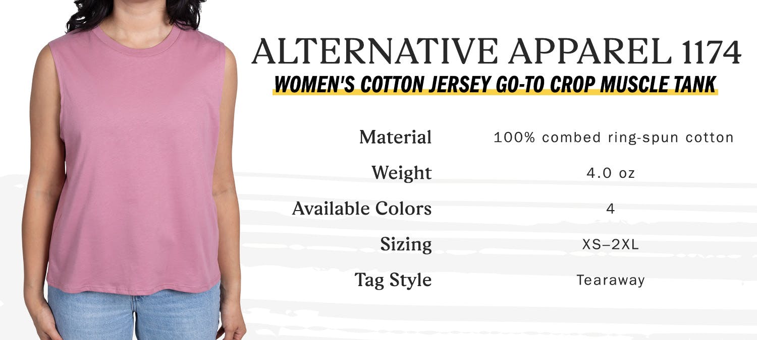 alternative apparel 1174 women's cotton jersey go-to crop muscle tank, material 100 percent combed ring-spun cotton, weight 4.0 oz, available colors 4, sizing extra small to 2 extra large, tag style tearaway