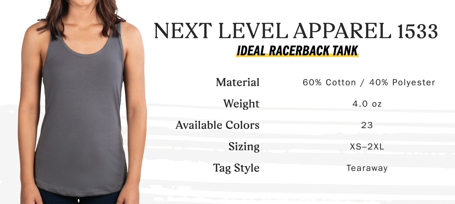 next level apparel 1533 ideal racerback tank, material 60 percent cotton 40 percent polyester, weight 4.0 oz, available colors 23, sizing extra small to two extra large, tag style tearaway