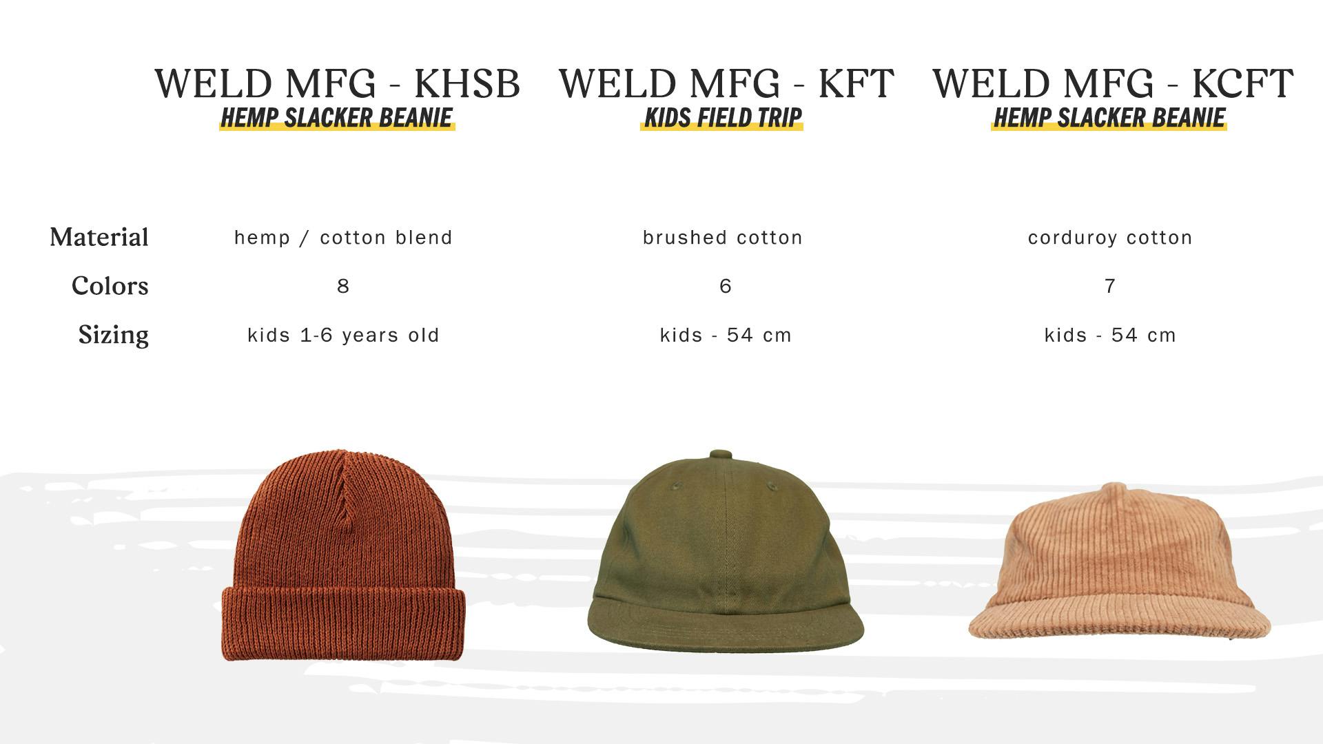 weld mfg khsb hemp slacker beanie, material hemp cotton blend, colors 8, sizing kids 1-6 years old - weld mfg kft kids field trip, material brushed cotton, colors 6, sizing kids 54 cm, weld mfg kcft hemp slacker beanie material corduroy cotton, colors 7, sizing kids 54 cm