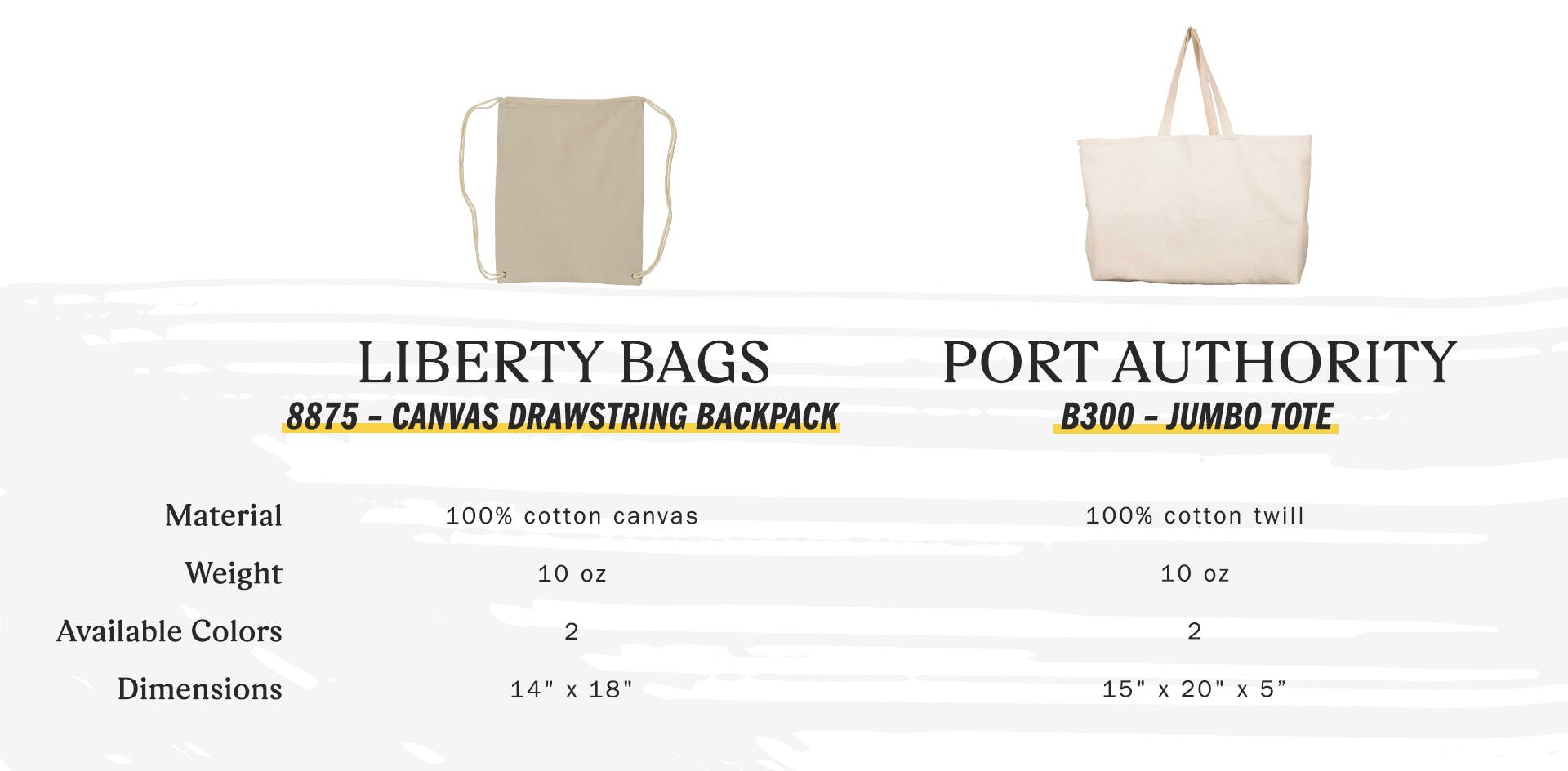 liberty bag 8875 canvas drawstring backpack, material 100 percent cotton canvas, weight 10 oz, available colors 2, dimensions 14 inches wide by 18 inches high – port authority b300 jumbo tote, material 100% cotton twill, weight 10oz, available colors 2, dimensions 15 inches length, 20 inches high, 5 inches wide.