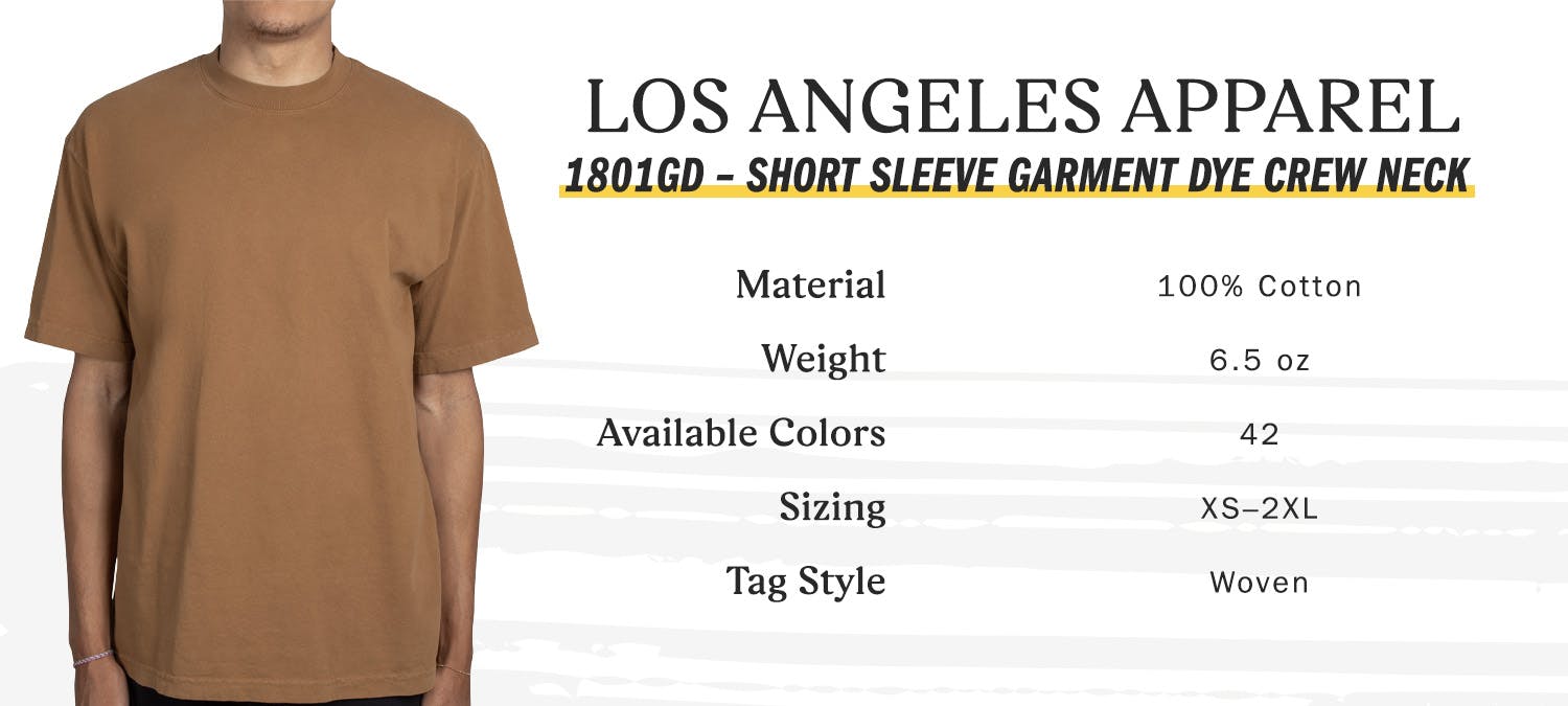 los angeles apparel 1801gd short-sleeve garment dye crew neck, material 100 percent cotton, weight 6.5 oz, available colors 42, sizing extra small to two extra large, tag style woven