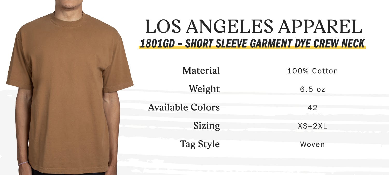 los angeles apparel 1801gd short-sleeve garment dye crew neck, material 100 percent cotton, weight 6.5 oz, available colors 42, sizing extra small to two extra large, tag style woven los angeles apparel 1801gd short-sleeve garment dye crew neck, material 100 percent cotton, weight 6.5 oz, available colors 42, sizing extra small to two extra large, tag style woven