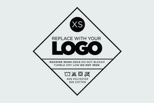 diamond shape with shirt size, logo text, and garment care icons