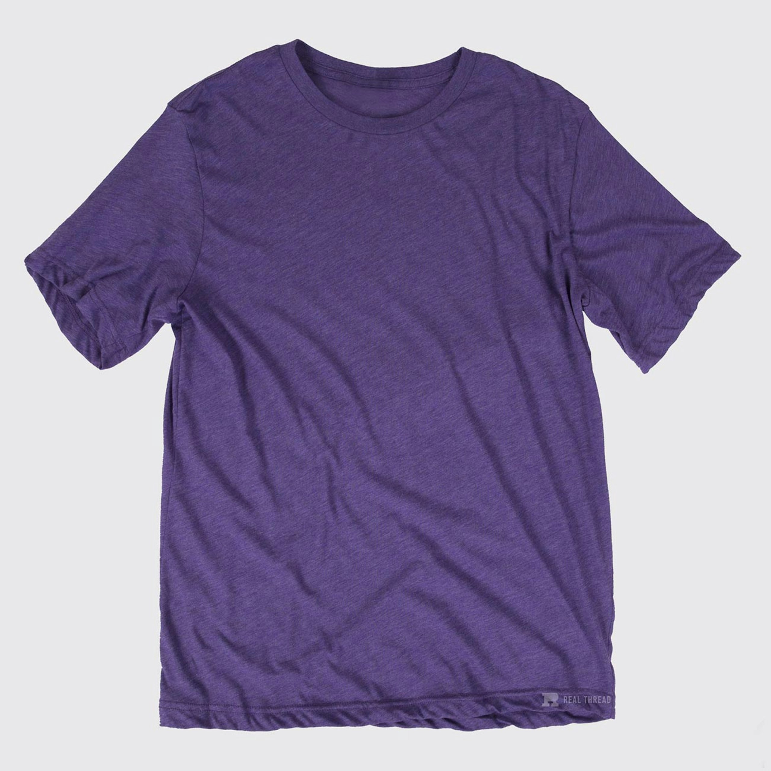 purple tri-blend t-shirt laying flat