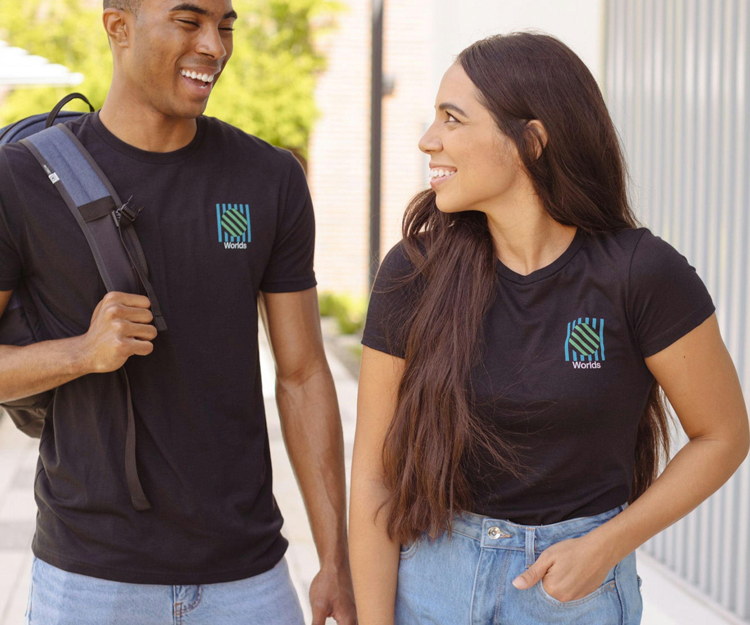 a man and women where black t-shirts