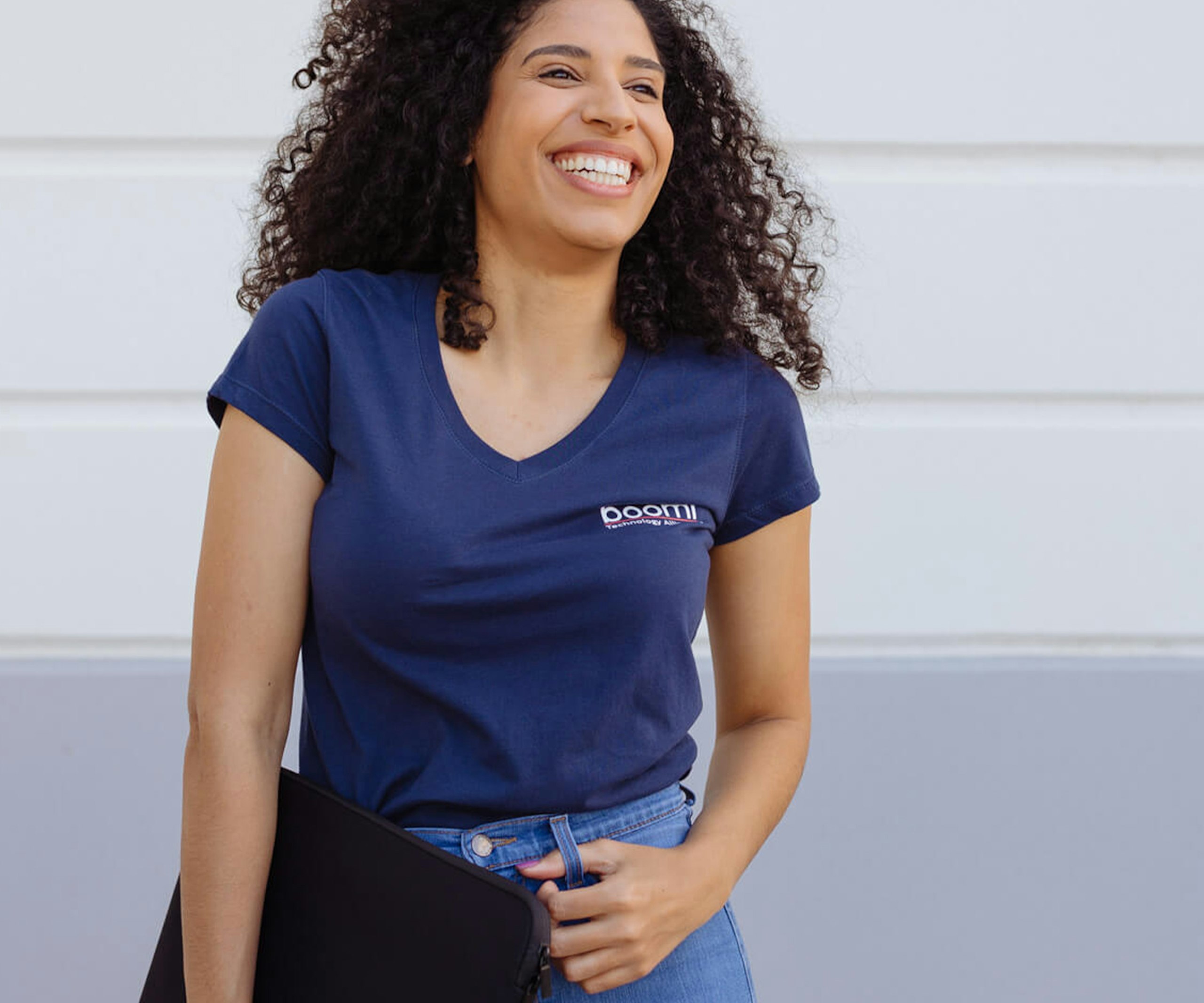 women wearing a navy v-neck t-shirt
