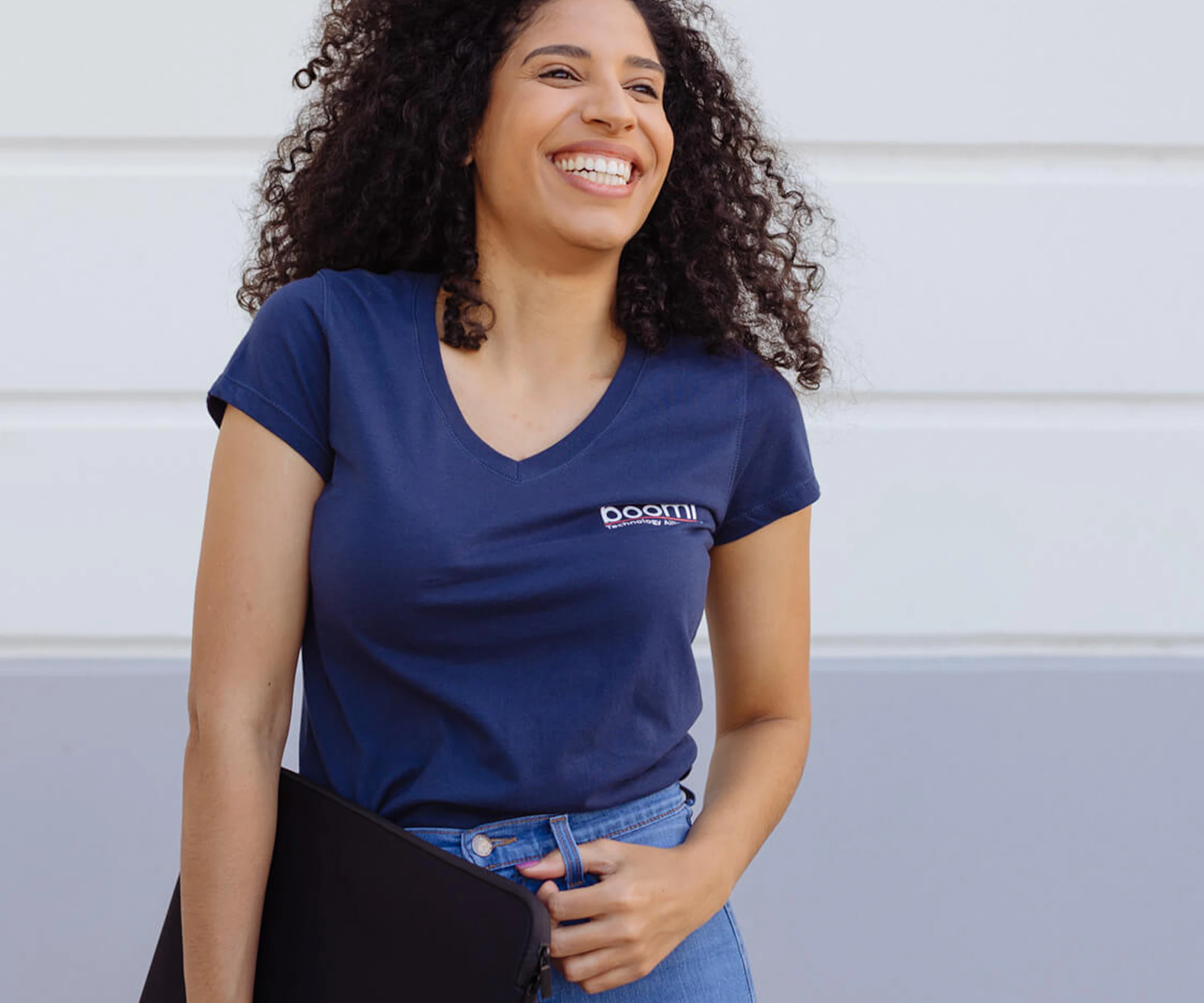 women wearing a navy v-neck t-shirt