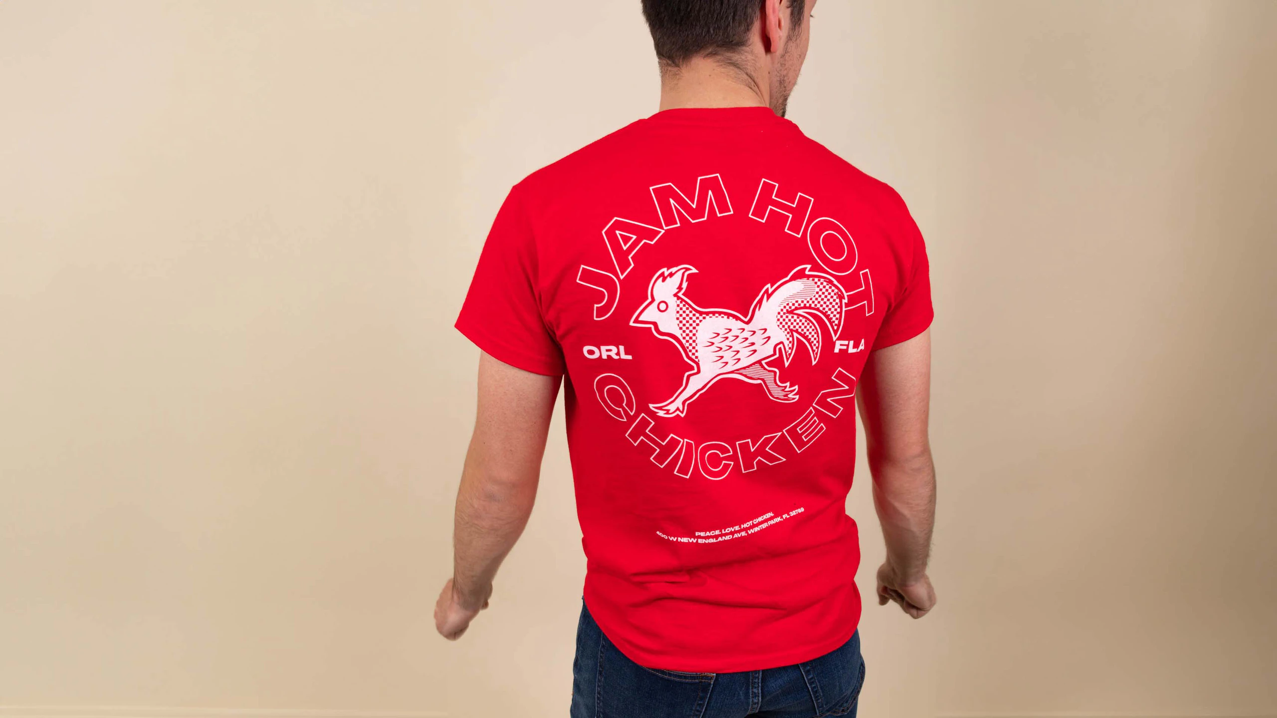 man wearing a red t-shirt