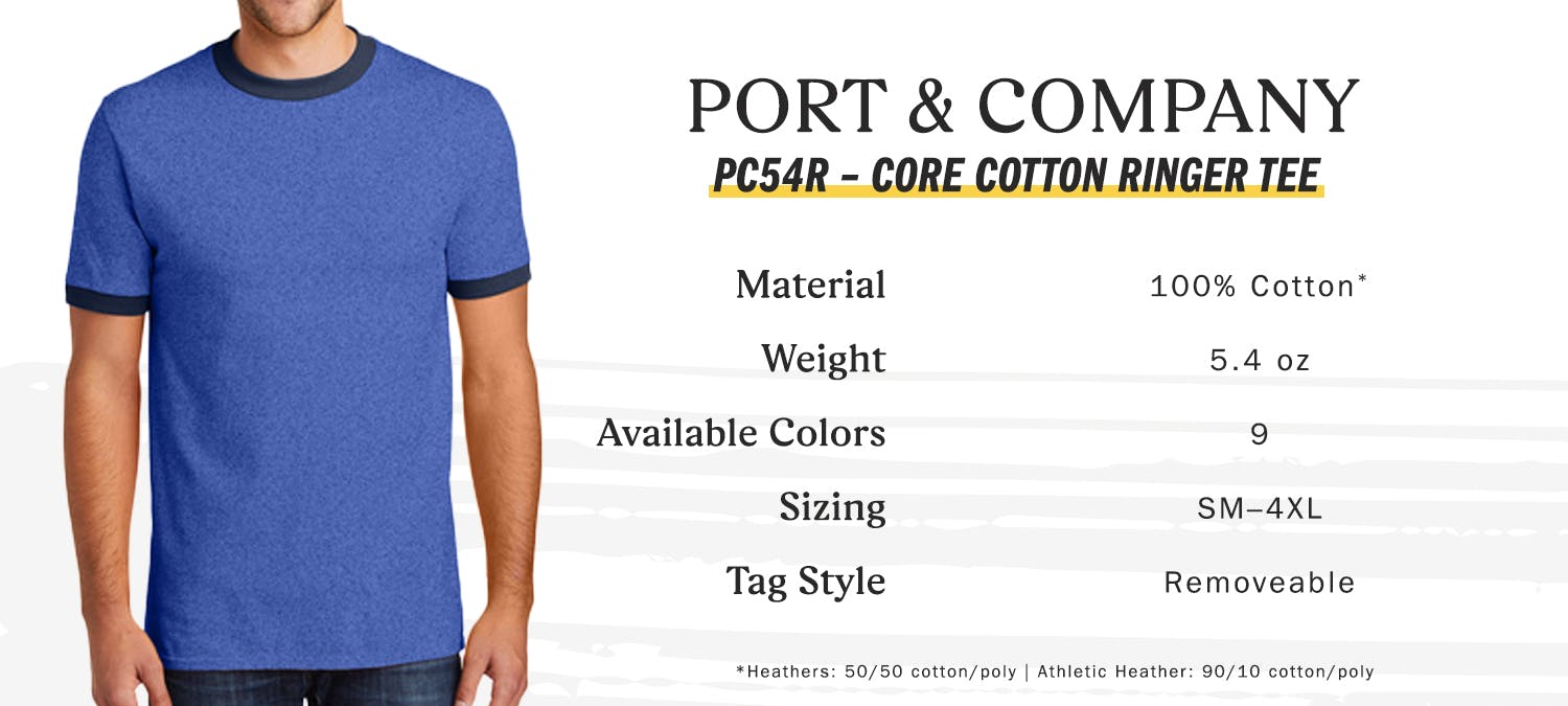 port & company pc54r core cotton ringer tee - material 100% cotton - weight 5.4 oz - available colors 9 - sizing small to 4 extra-large - tag style tearaway port & company pc54r core cotton ringer tee - material 100% cotton - weight 5.4 oz - available colors 9 - sizing small to 4 extra-large - tag style tearaway