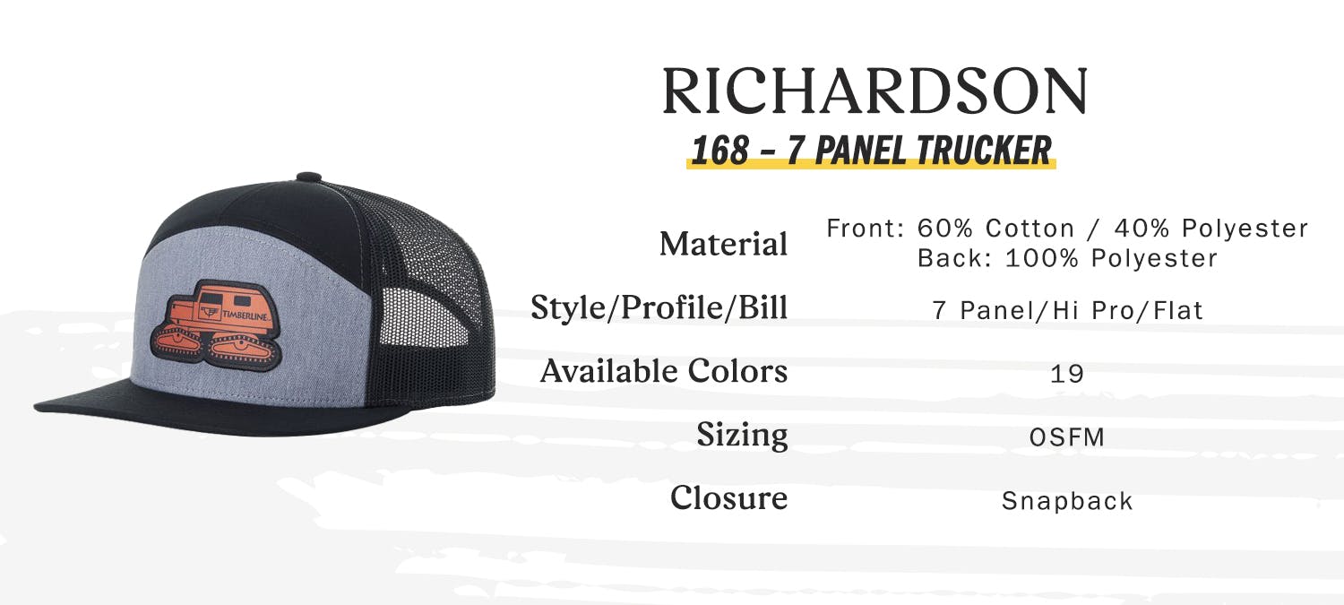 Richardson 168 - 7 panel trucker, material Front: 60% Cotton - 40% PolyesterBack: 100% Polyester, style profile bill - 7 Panel Hi Pro Flat, Available Colors 19, sizing one size fits all, closure snapback