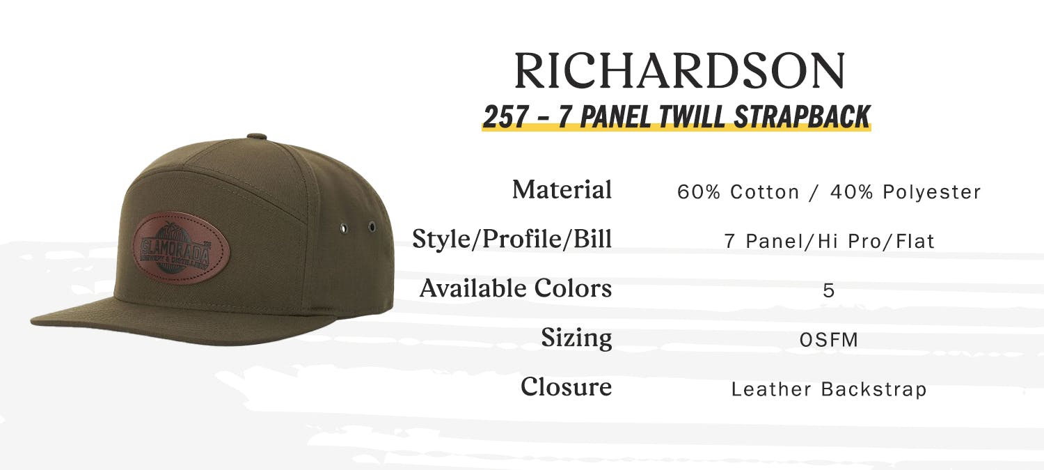 Richardson 257 7 panel twill strapback, material 60% cotton 40% polyester, style profile bill 7 panel hi profile flat, available colors 5, sizing one size fits all, closure leather backstrap