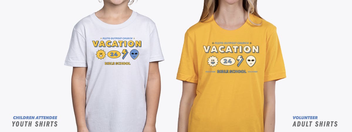 child and women wearing a grey and yellow shirt with a vbs design