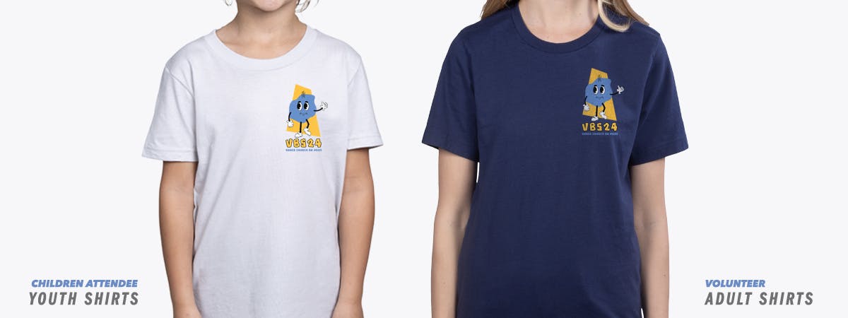 child and women wearing a grey and navy shirt that has a VBS design in the top right