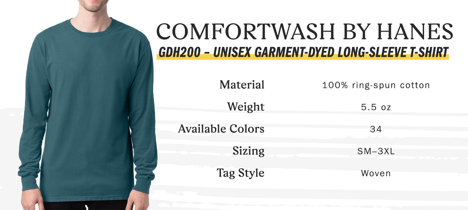ComfortWash by Hanes - GDH200 – Men's Garment-Dyed T-Shirt - material 100% ring spun cotton - weight 5.5 oz - available 34- sizing small to three extra large - tag style woven ComfortWash by Hanes - GDH200 – Men's Garment-Dyed T-Shirt - material 100% ring spun cotton - weight 5.5 oz - available 34- sizing small to three extra large - tag style woven