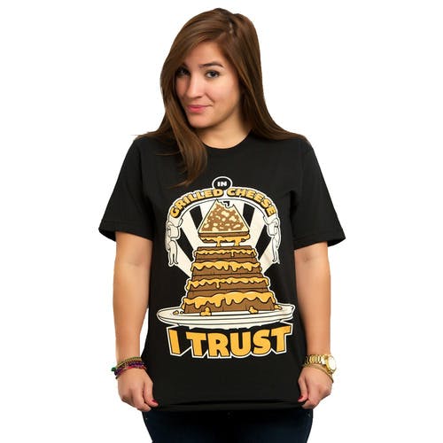 girl pulling black shirt with grilled cheese graphic girl pulling black shirt with grilled cheese graphic