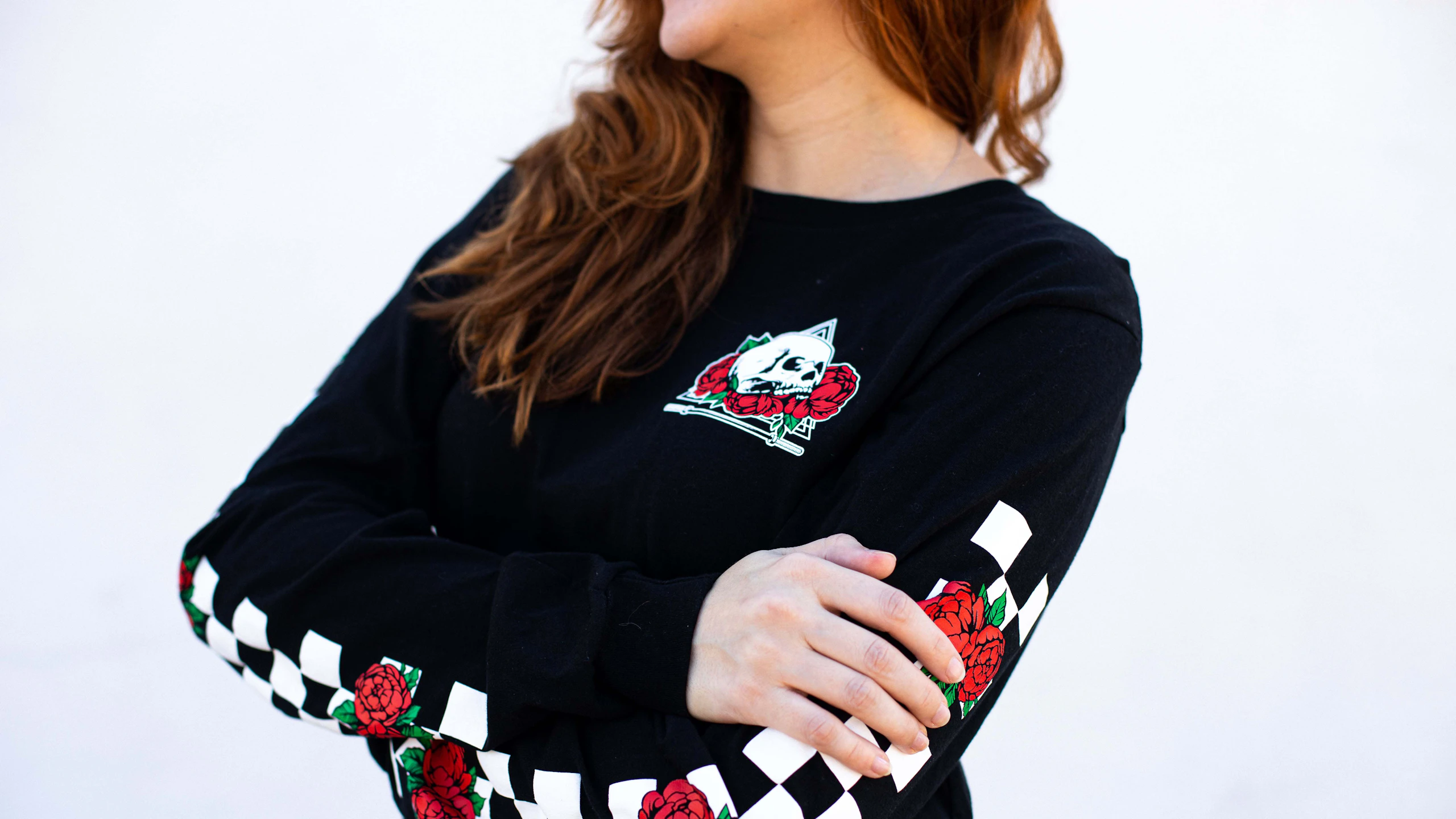 women wearing a black long sleeve t-shirt