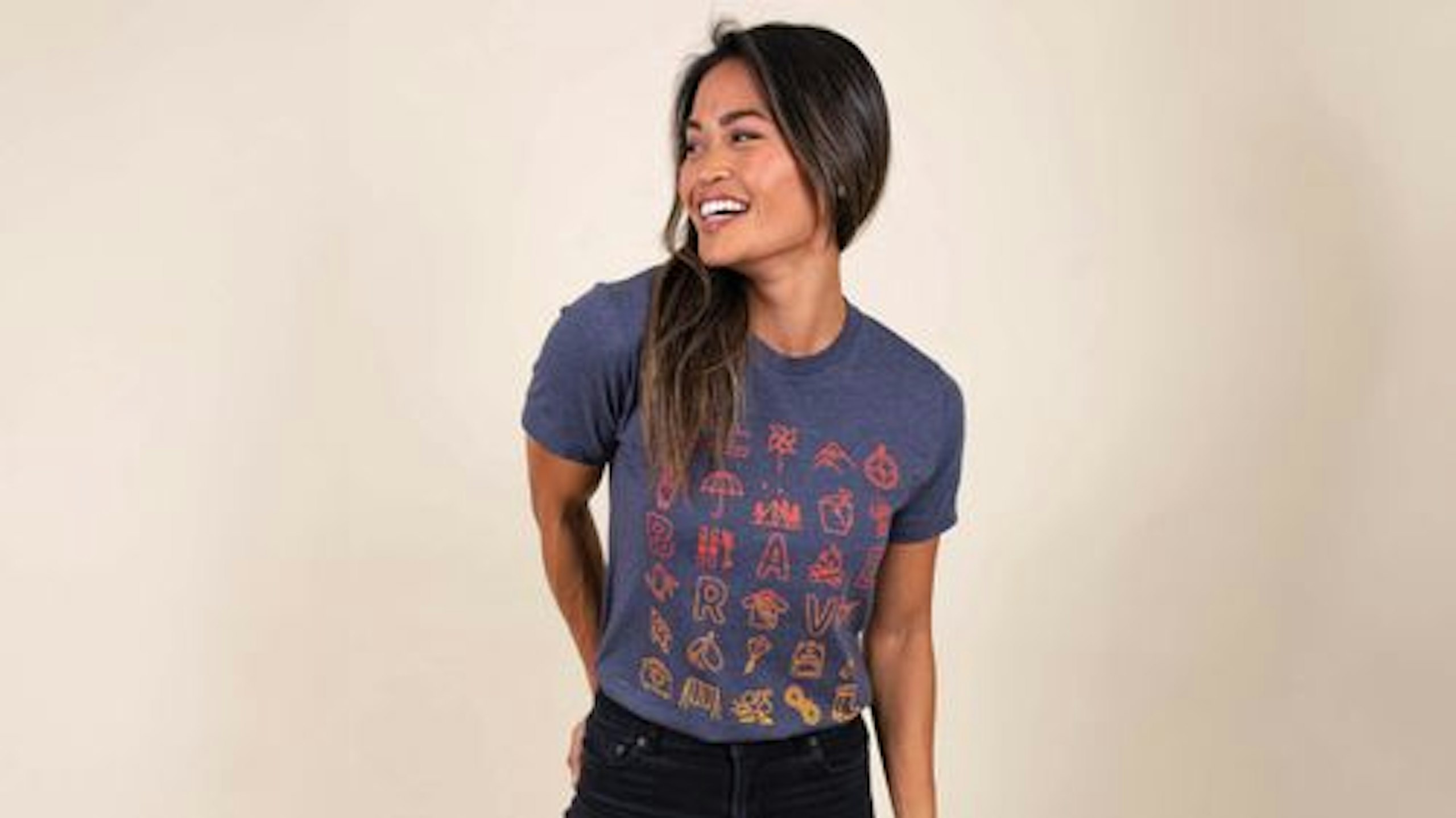 women wearing a navy tri-blend tee