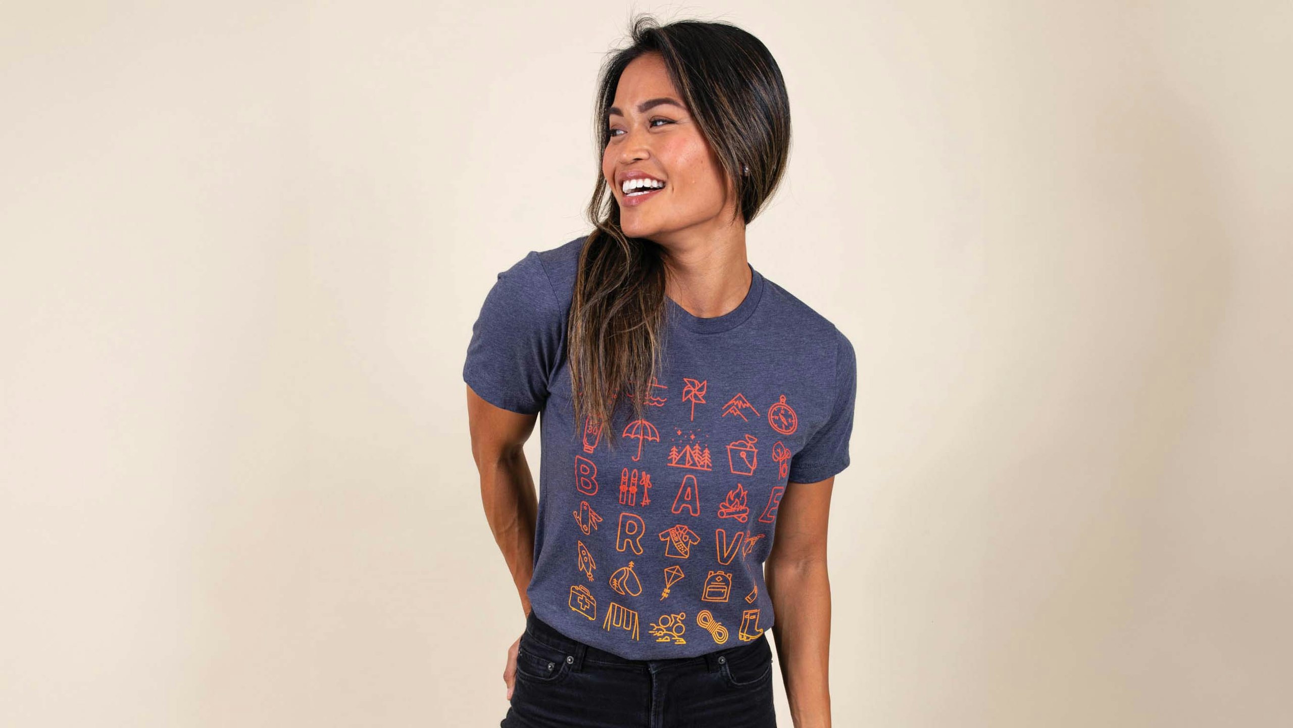 women wearing a navy tri-blend tee