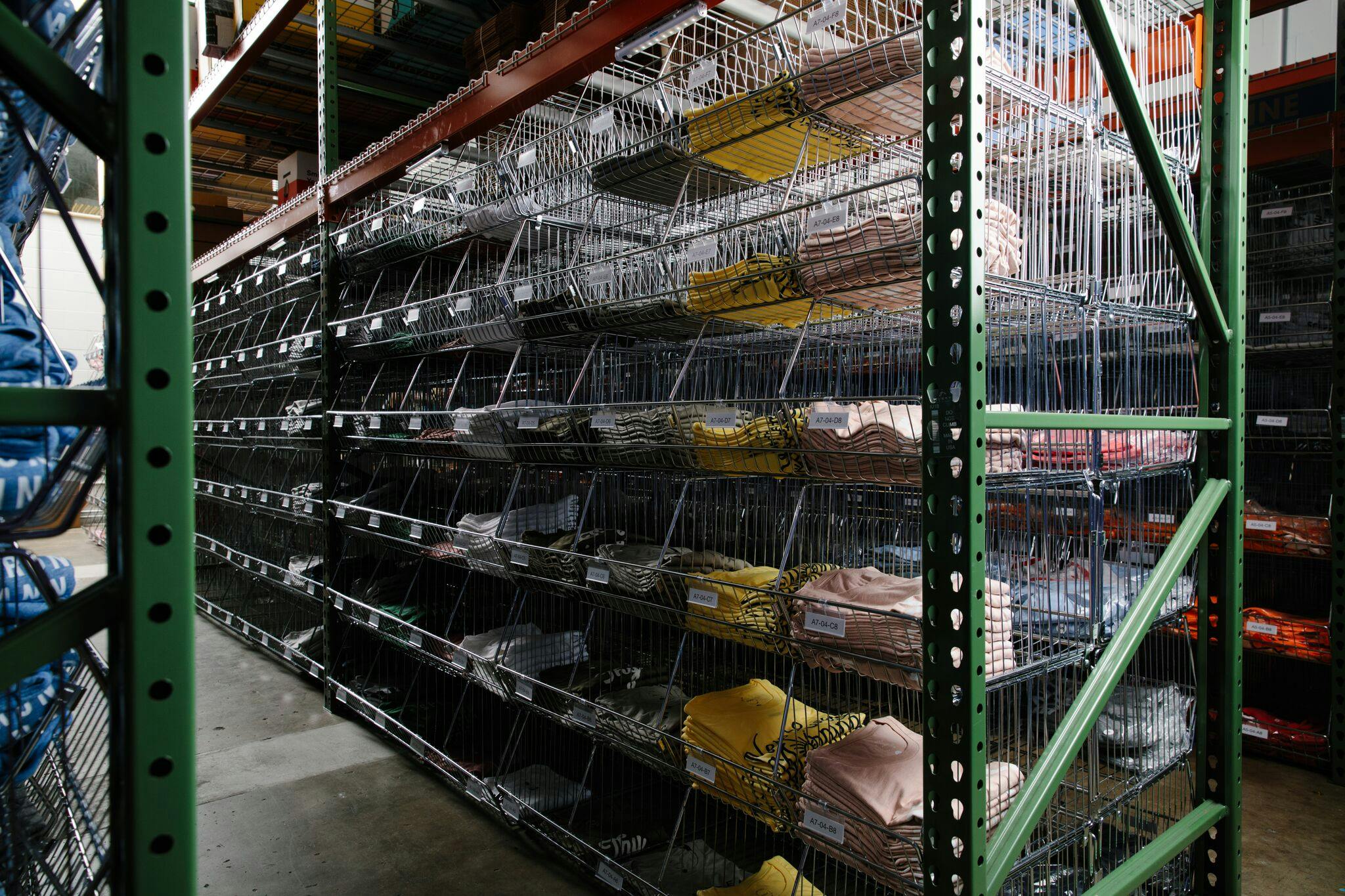 fulfillment racks of t-shirts