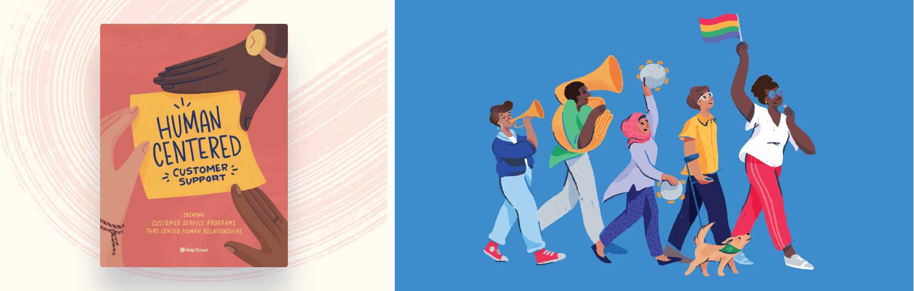 two images side-by-side: Left human centered booklet, right illustration of diverse people walking 