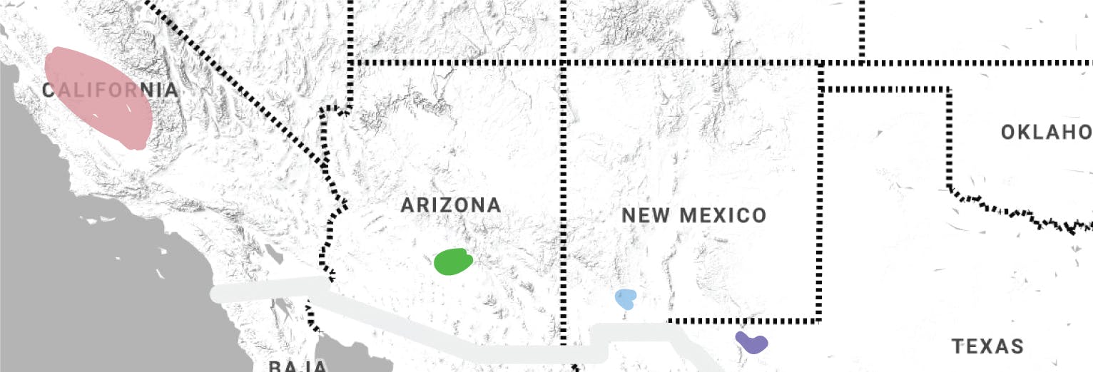 map of california, arizona, new mexico, and texas with markings of wear supima cotton is grown