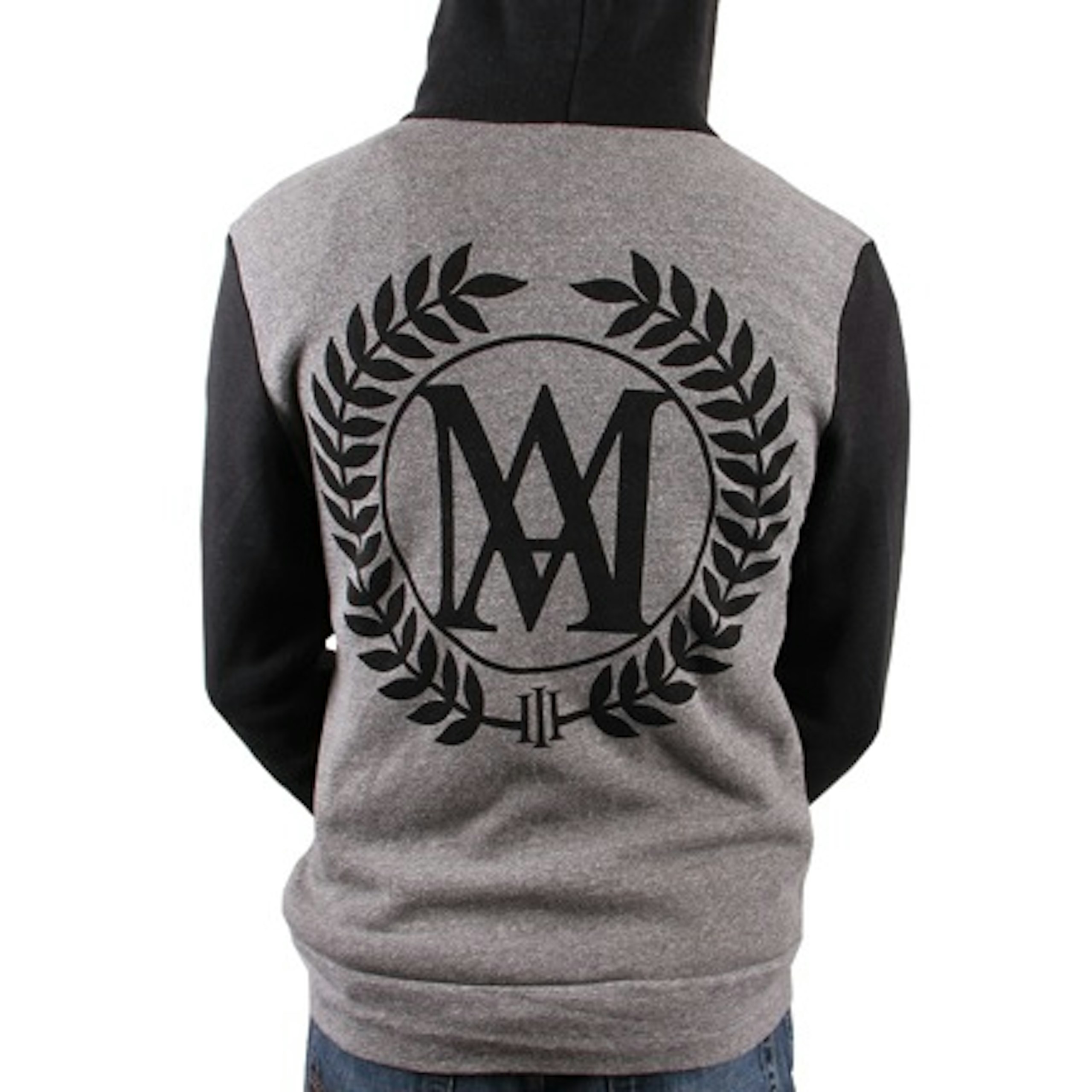 back of a gray and black zip-up hoodie