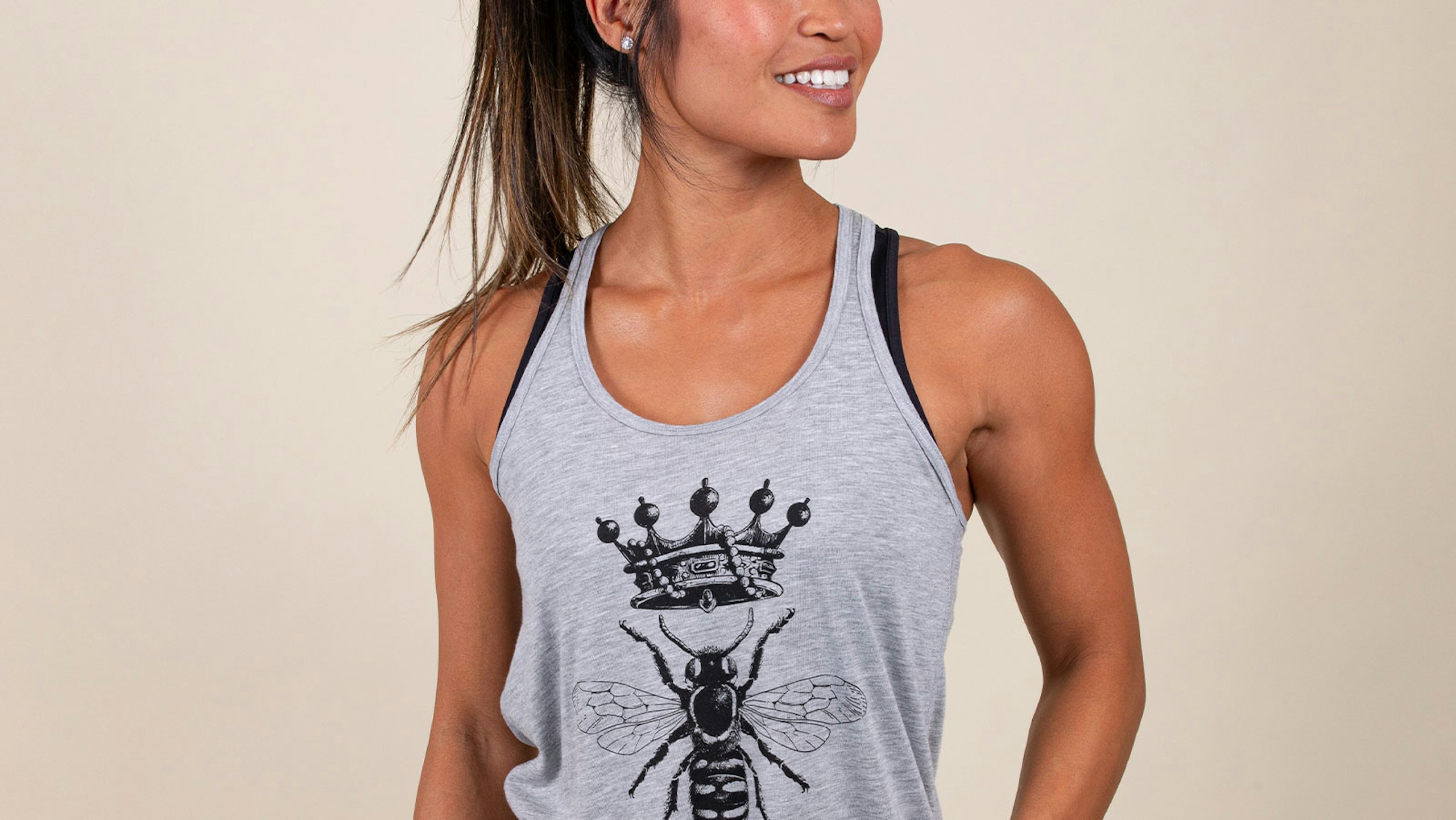 women wearing a gray athletic tank top