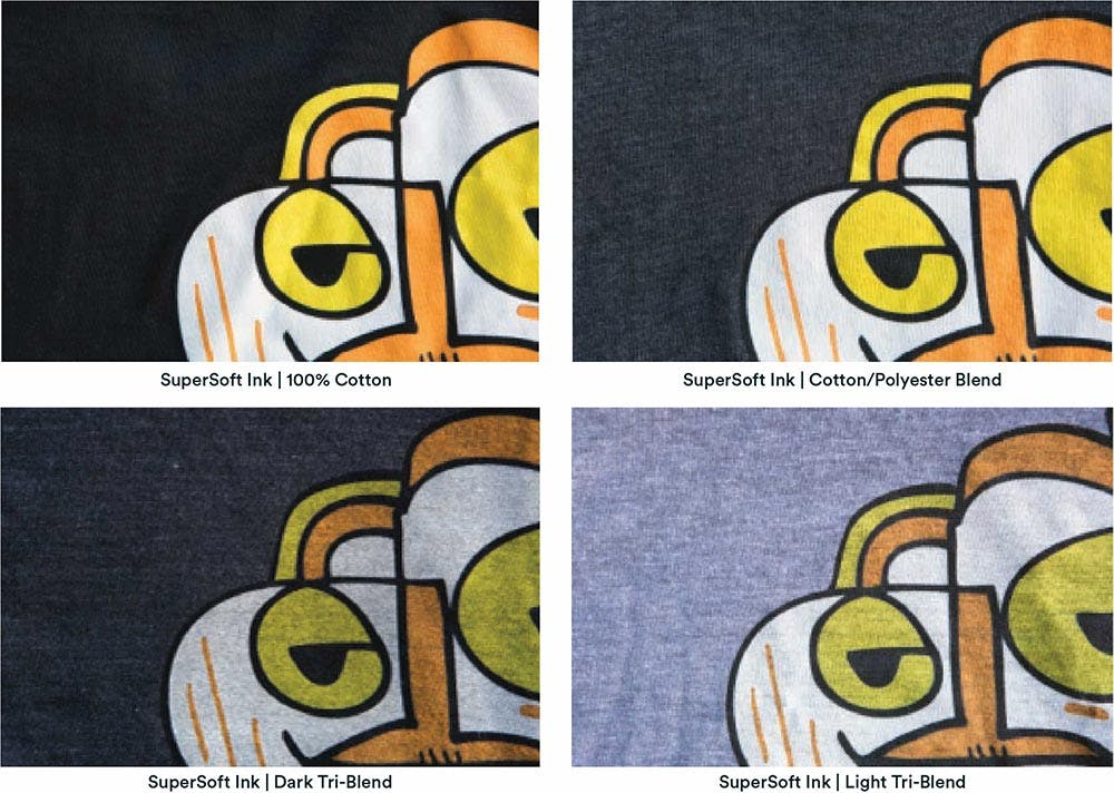 An up-close look at the different printing styles on different garments. An up-close look at the different printing styles on different garments.