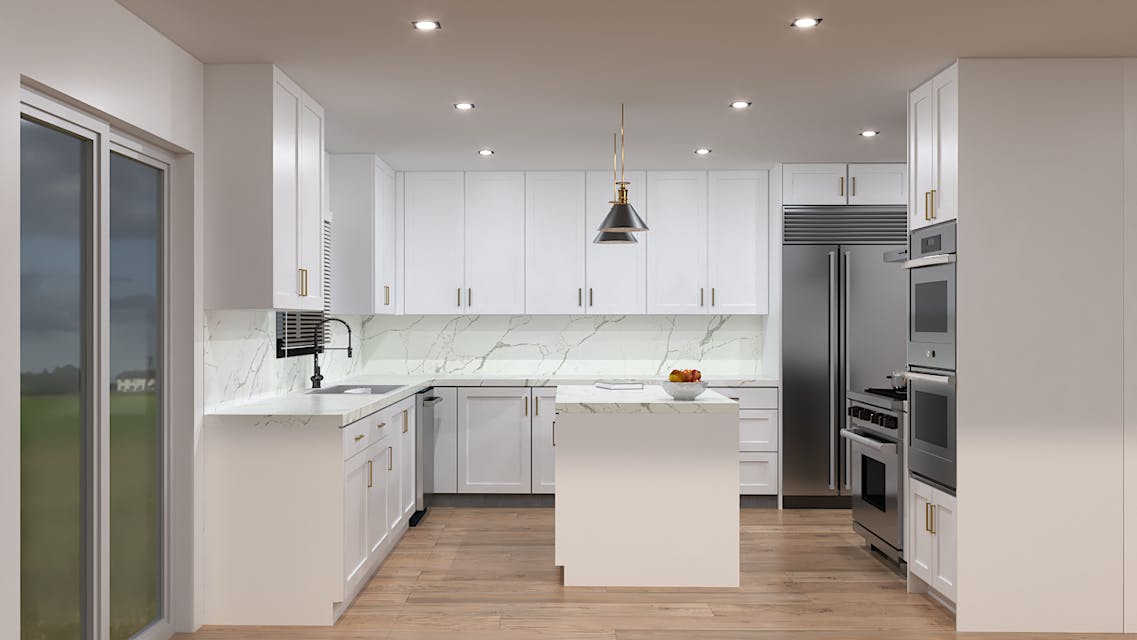 Kitchen remodel rendering with white cabinets, hardwood flooring, and stainless steel appliances