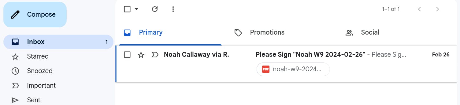email inbox with an unread email saying "Please Sign Noah W9 2024-02-26"