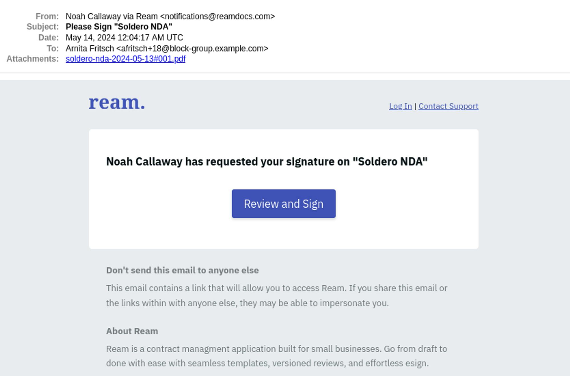 Email from Ream saying "Noah Callaway has requested your signature on "Soldero NDA""