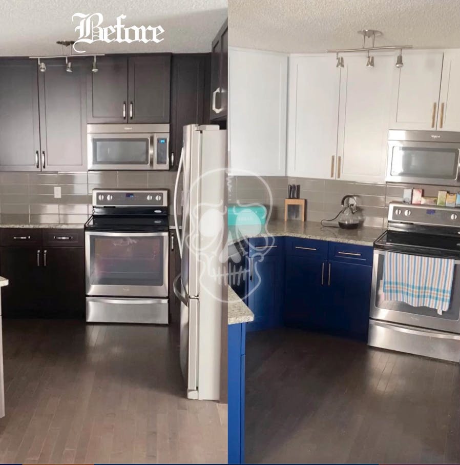 before and after image of a refurbished kitchen cabinets