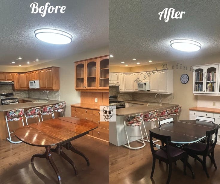 before and after image of a refurbished kitchen cabinets