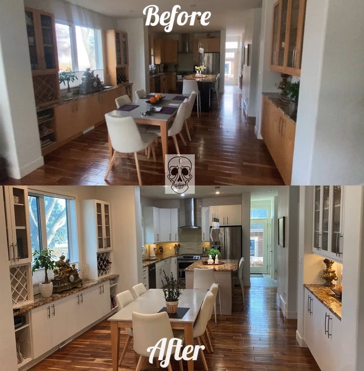before and after image of a refurbished kitchen cabinets