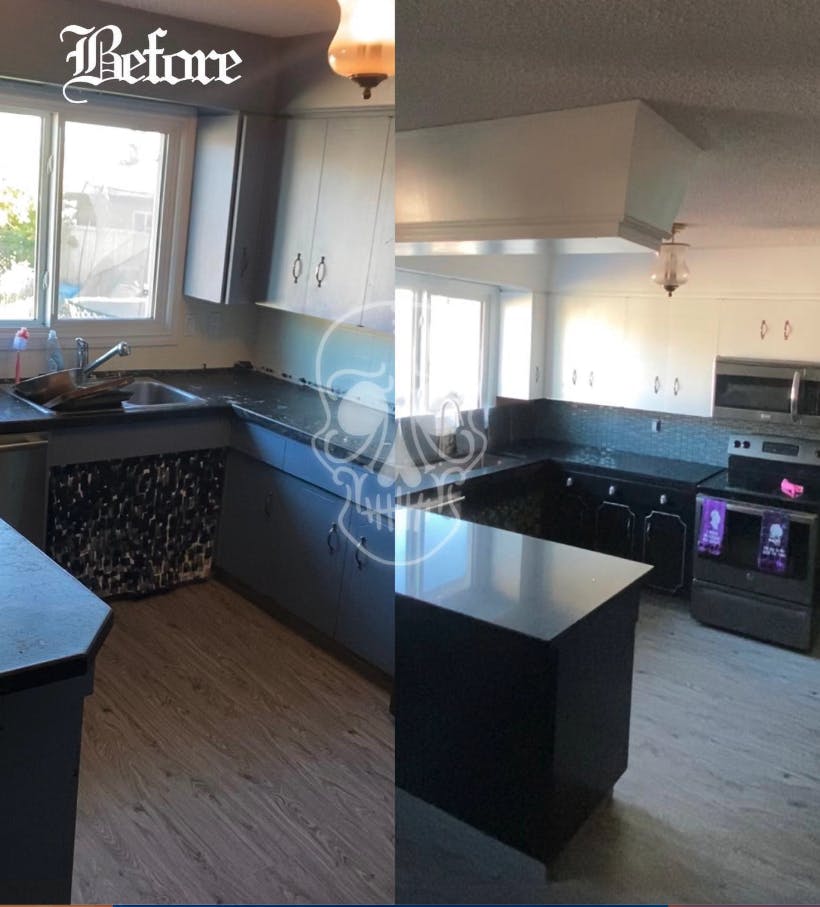 before and after image of a refurbished kitchen cabinets