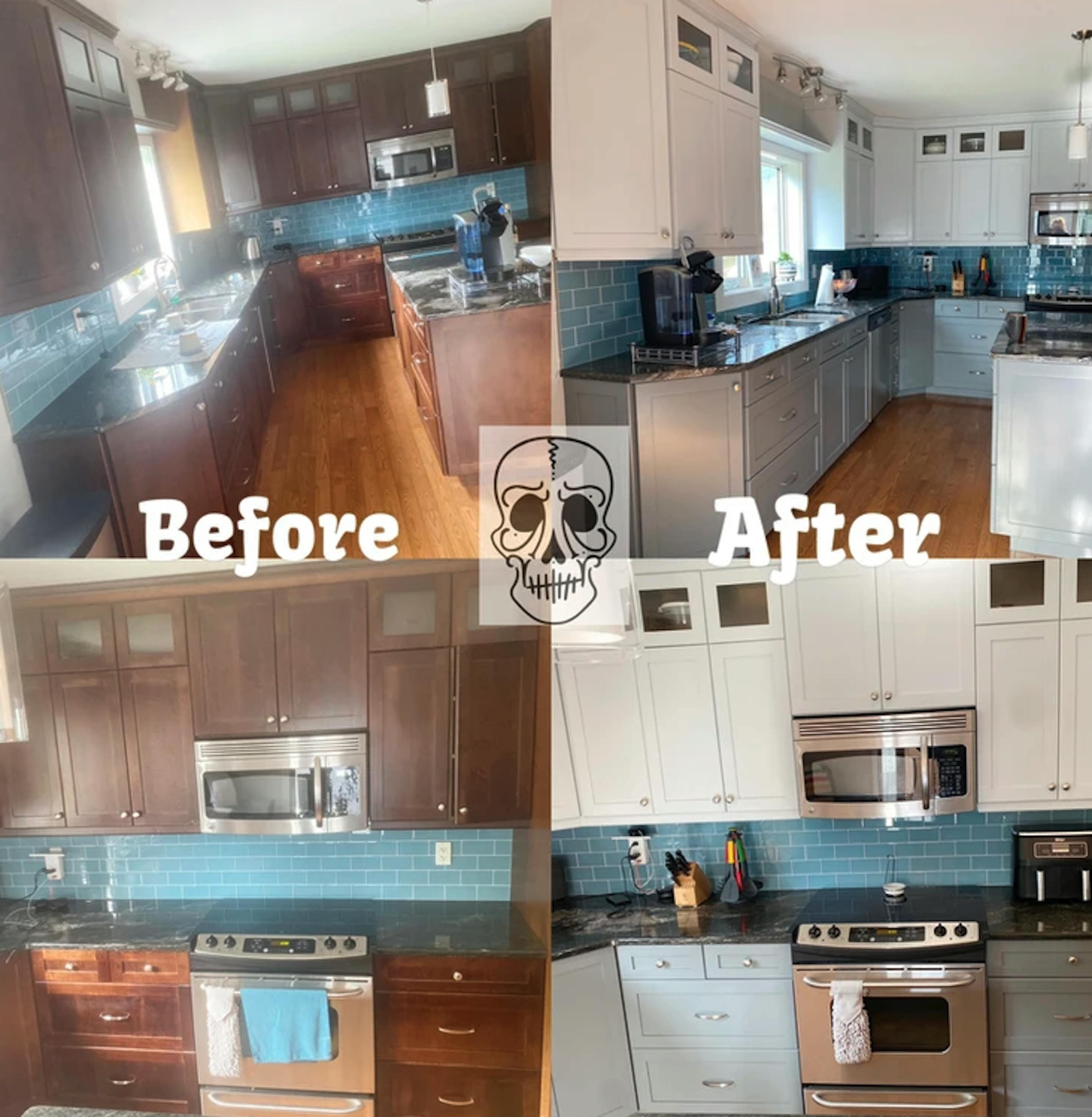 before and after image of a refurbished kitchen cabinets