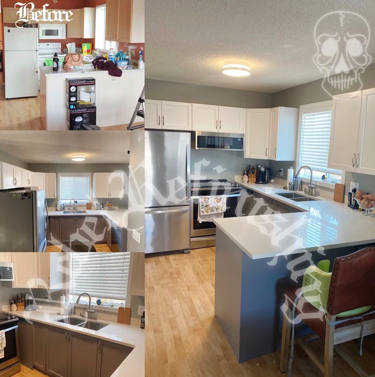 before and after image of a refurbished kitchen cabinets