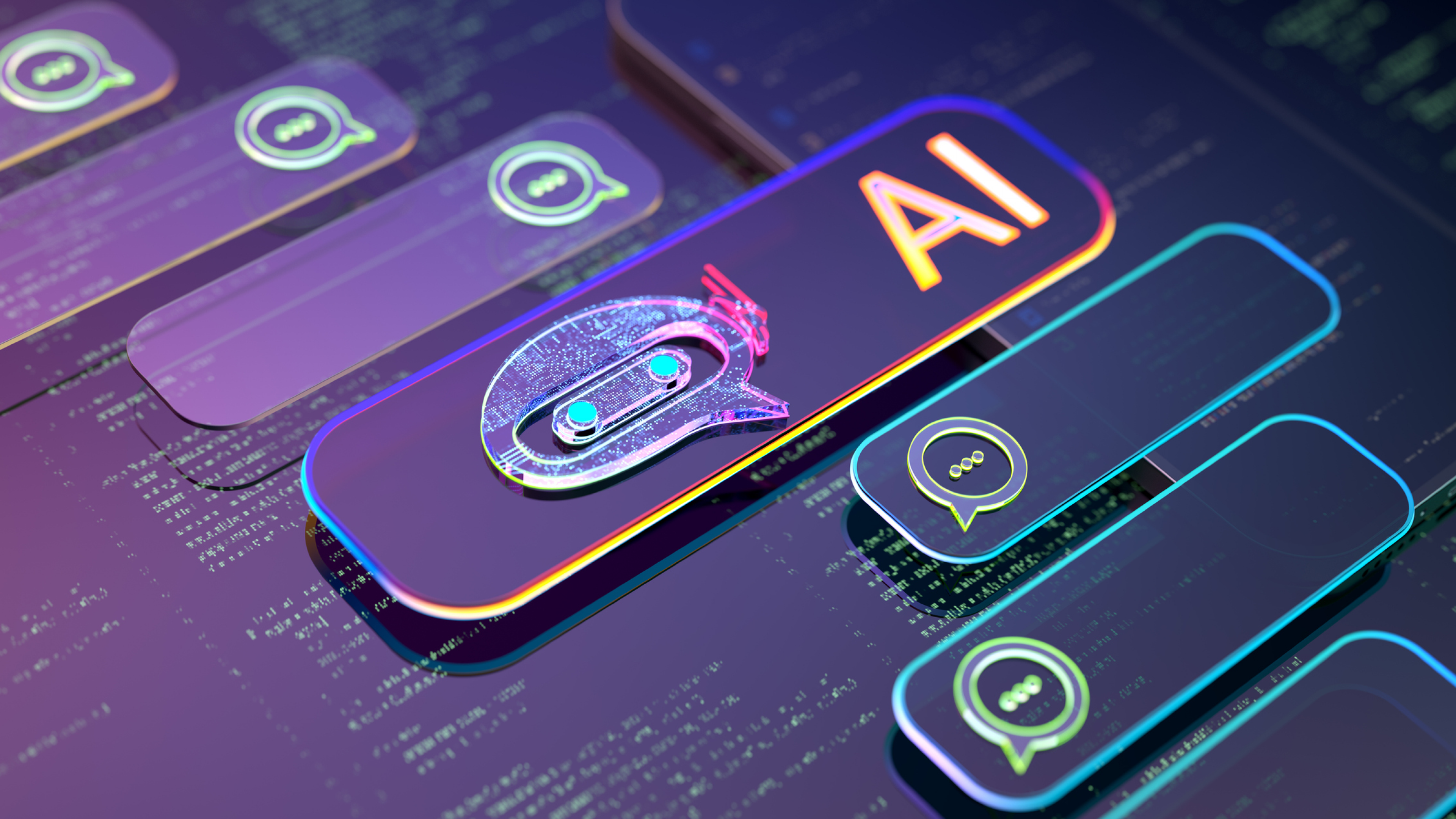 A futuristic digital illustration featuring a glowing AI chatbot icon with neon-style speech bubbles on a dark, tech-inspired background. The chatbot icon has a metallic, holographic effect, and the surrounding interface elements resemble a modern AI-driven conversation platform. The word “AI” is prominently displayed in bold, illuminated letters, emphasizing the theme of artificial intelligence and digital communication.