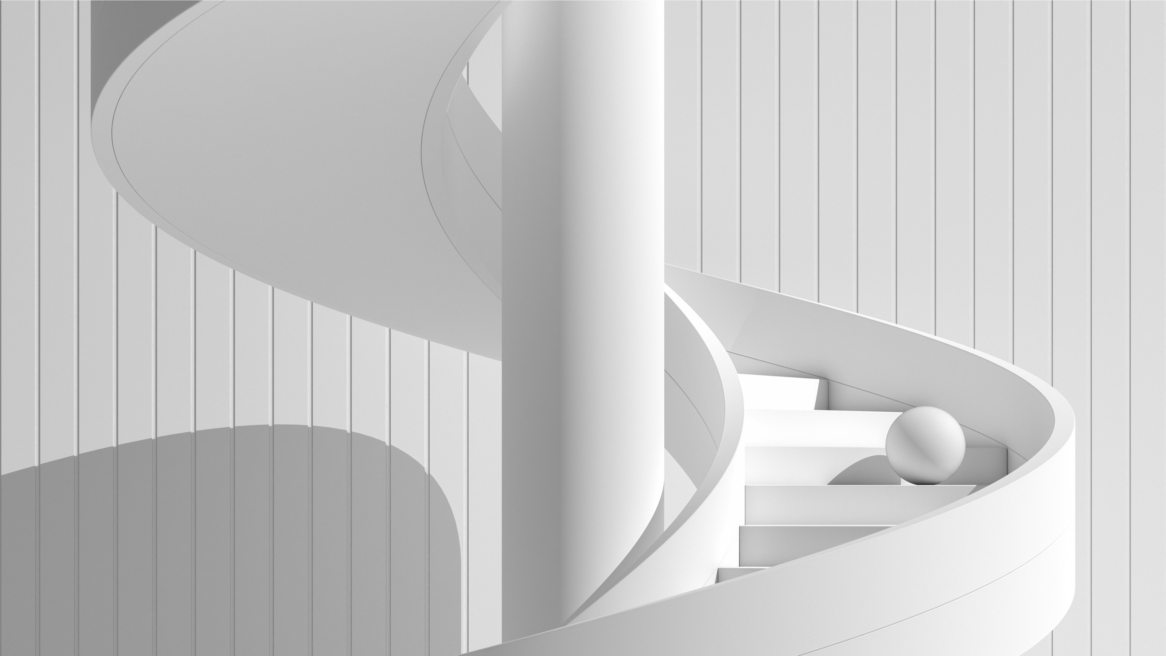 A minimalist, monochromatic image featuring a modern spiral staircase with a smooth, white finish. The background consists of vertical white panels, creating a clean and sophisticated aesthetic. A single spherical object rests on one of the steps, adding a subtle focal point to the composition. The overall design conveys elegance and simplicity.