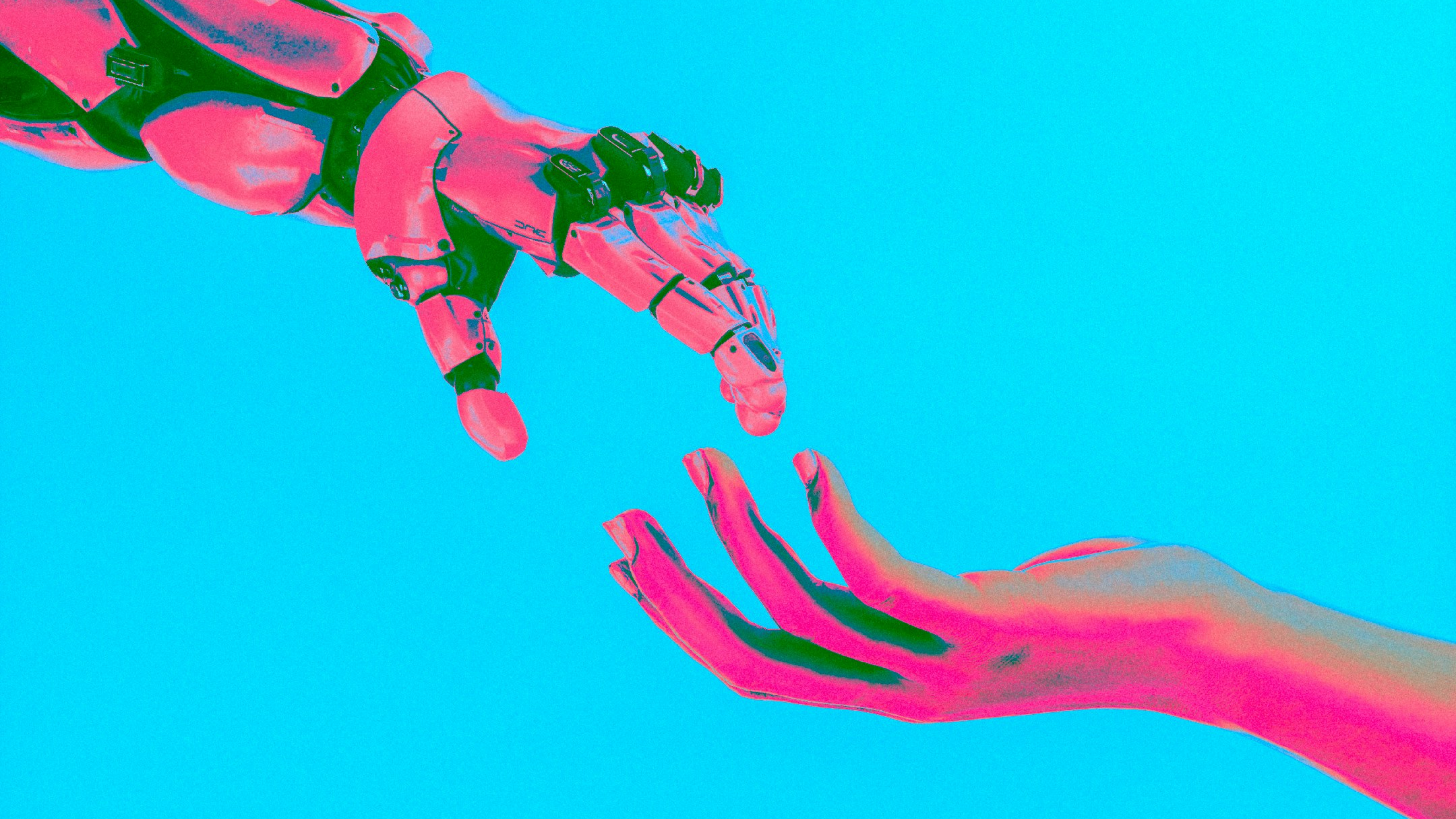 A vibrant, futuristic image depicting a robotic hand reaching out to touch a human hand, set against a bright cyan background. The robotic hand, coloured in pink and black, symbolises advanced technology, while the human hand, also in pink hues, represents human connection, suggesting a theme of collaboration between humans and machines.