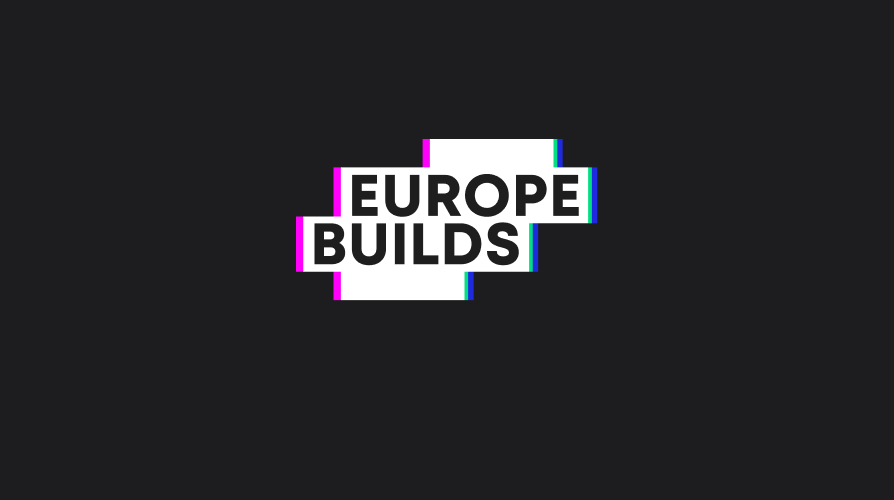 Logo of ‘Europe Builds’ in bold black text overlaid on a white background, with colorful borders in pink, green, and blue, positioned on the right side of a dark background.