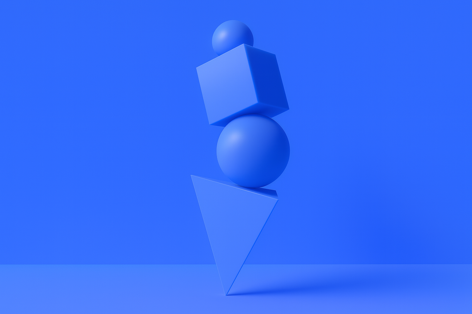Stacked blue geometric shapes on a solid blue background.