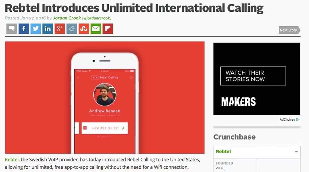 Screenshot of a news article on the website TechCrunch titled "Rebtel Introduces Unlimited International Calling".